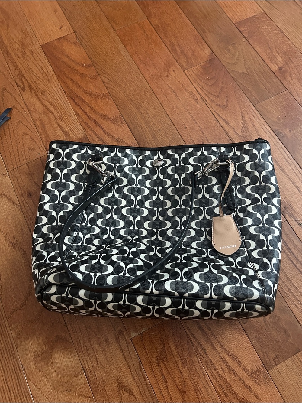 Coach Black and White Signature Pattern Tote with Leather Tag
